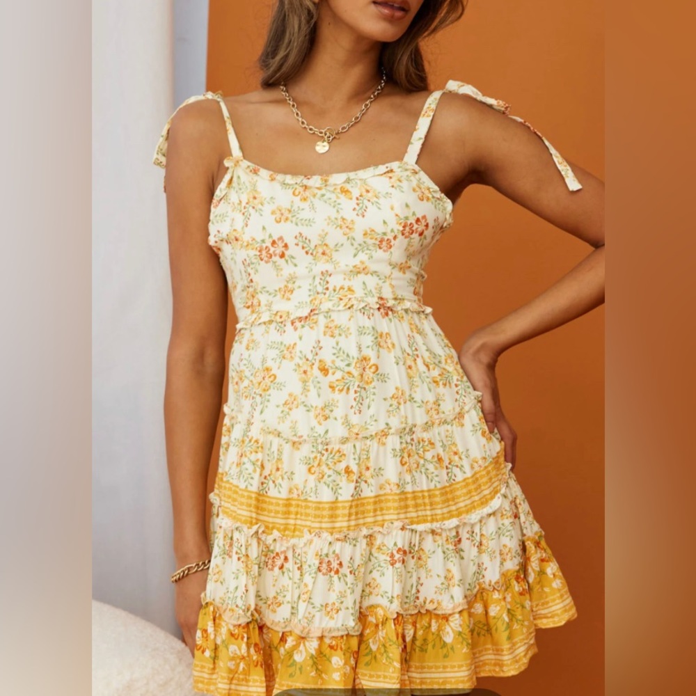 SELFIE LESLIE, Mini Dress, Yellow, Floral Print, Adjustable Straps, Size: S